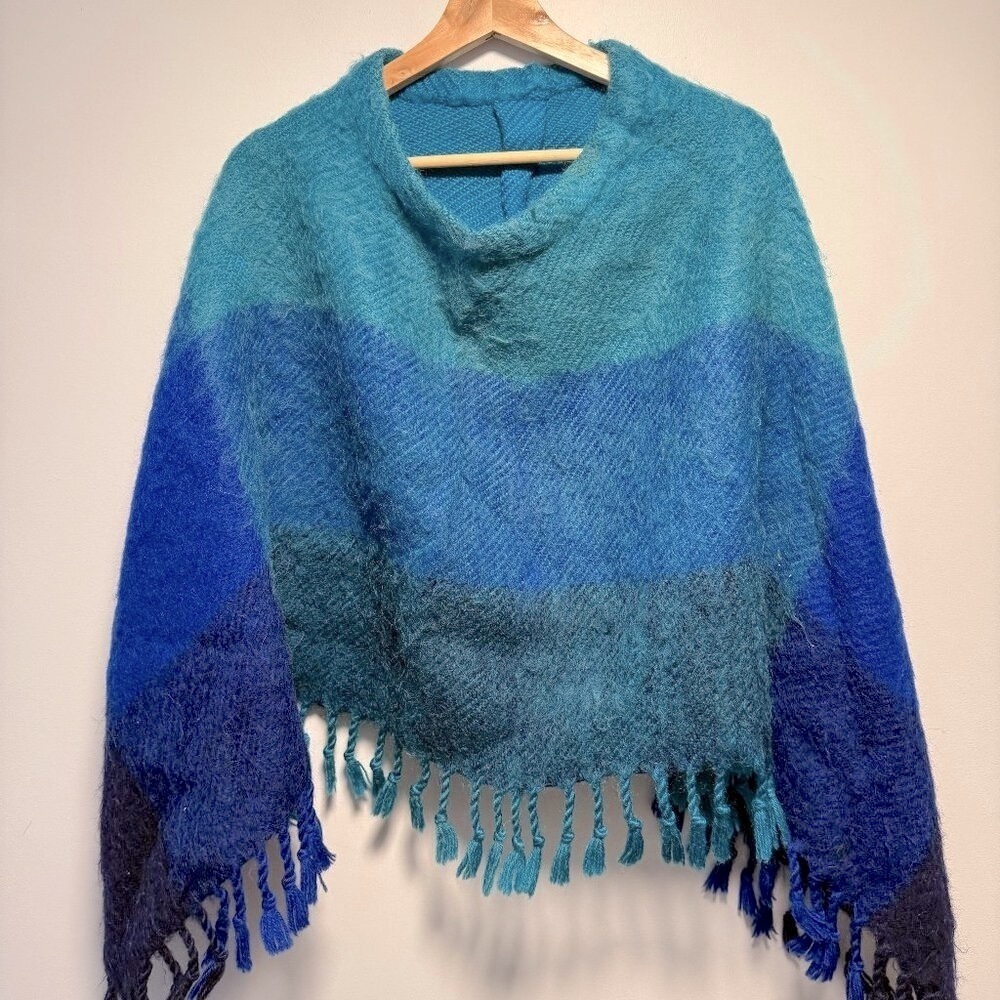 Blue Ombre Wool Poncho Wrap O/S